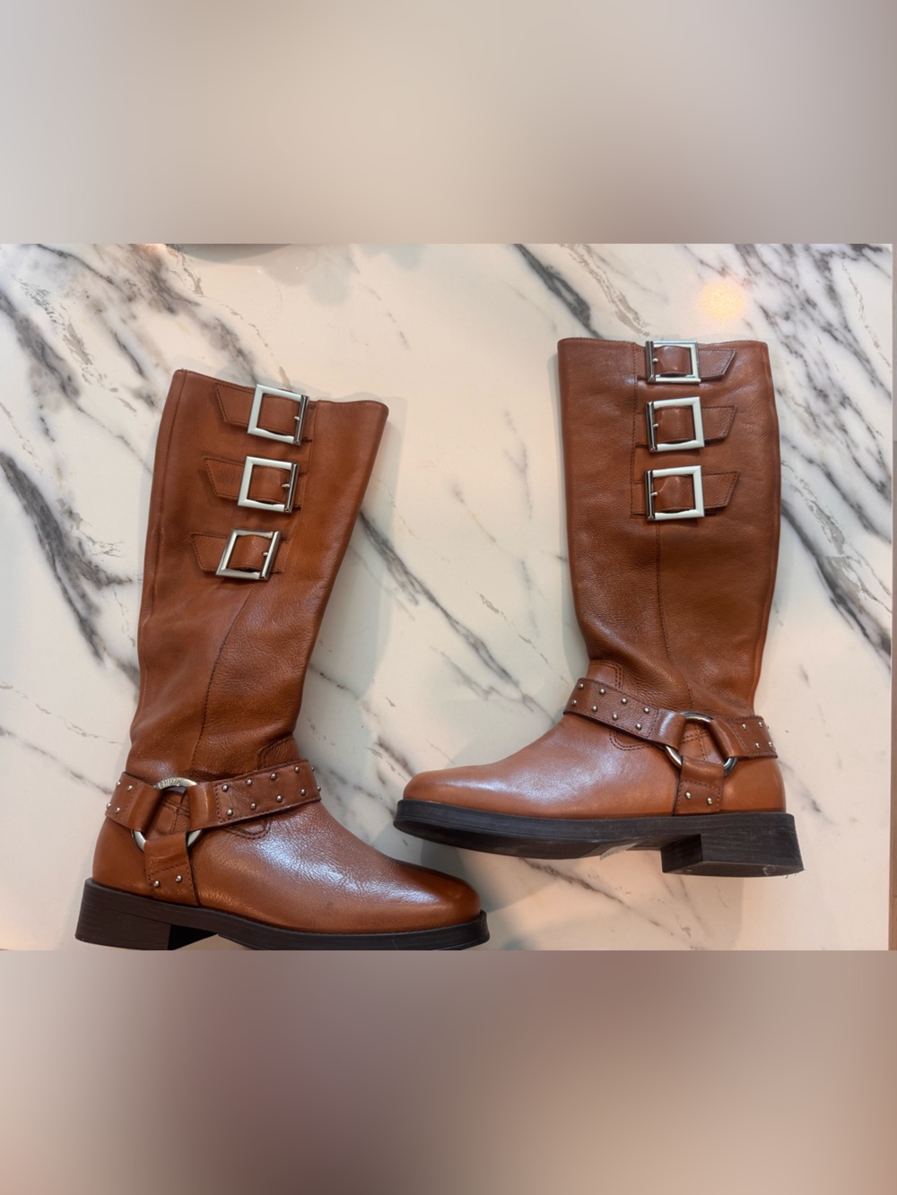 SCHUTZ Tan Leather Lace-Up Harness Boots with Silver Buckles